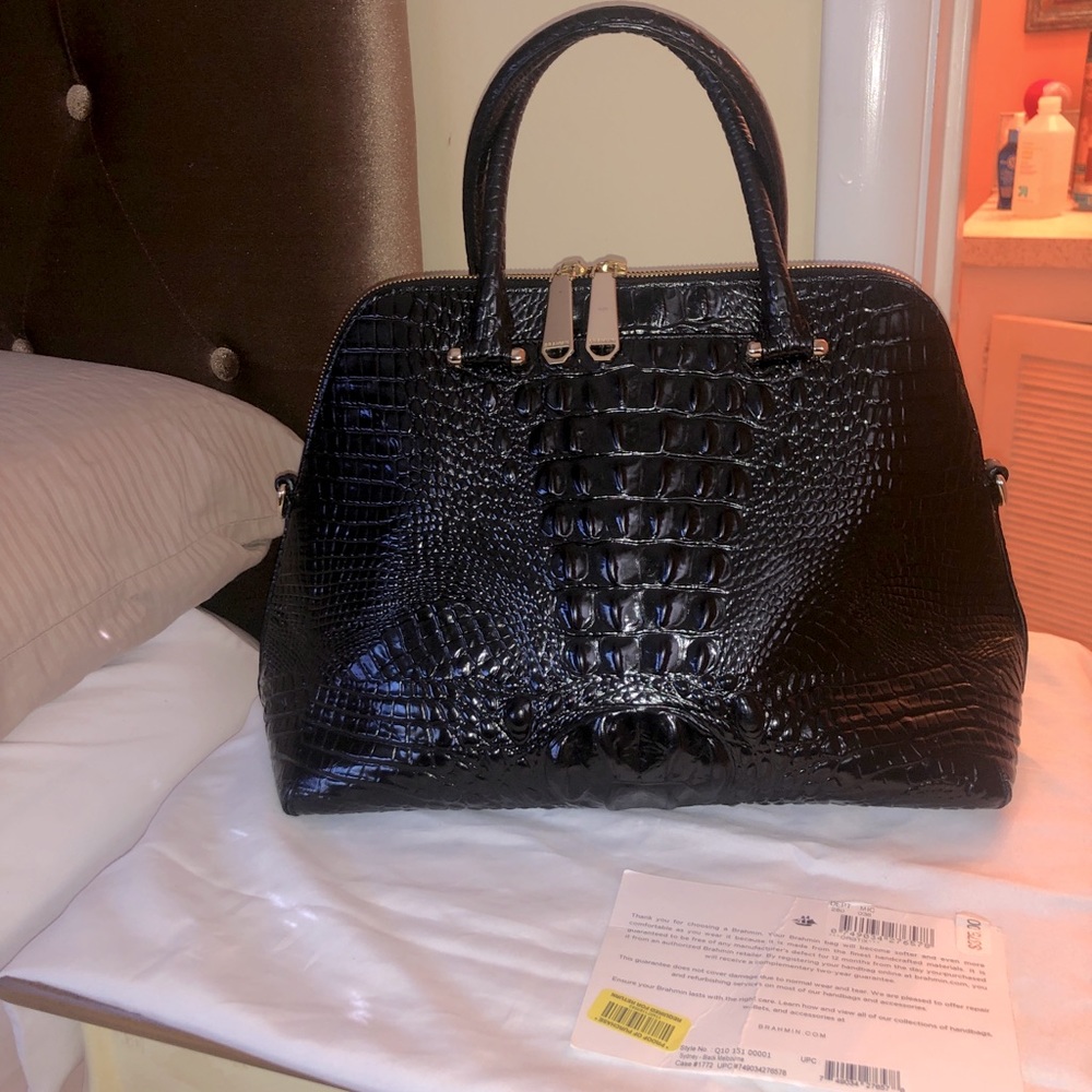 Brahmin Melbourne Leather Top Handle Satchel w Strap // black embossed leather